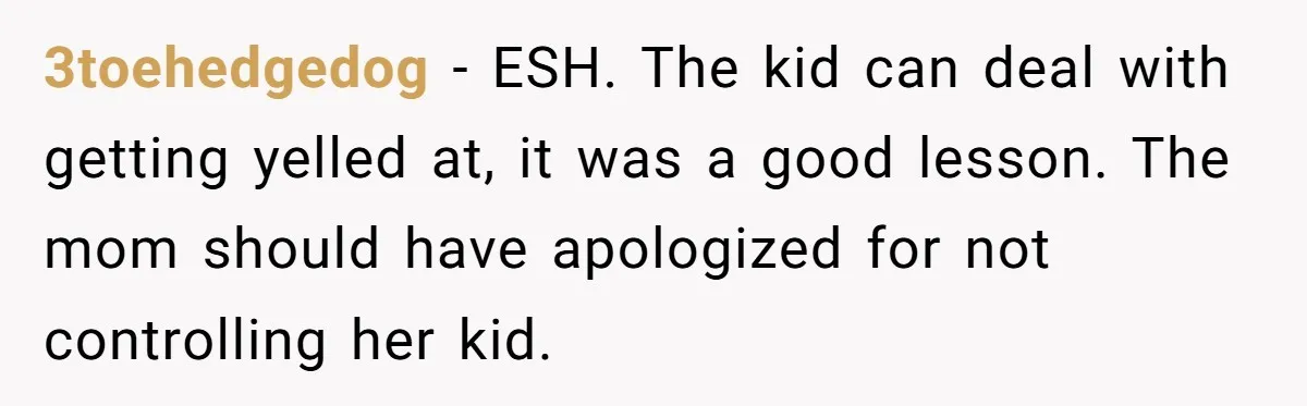 3toehedgedog − ESH. The kid can deal with getting yelled at, it was a good lesson. The mom should have apologized for not controlling her kid.