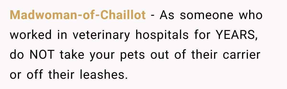 Madwoman-of-Chaillot − As someone who worked in veterinary hospitals for YEARS, do NOT take your pets out of their carrier or off their leashes.