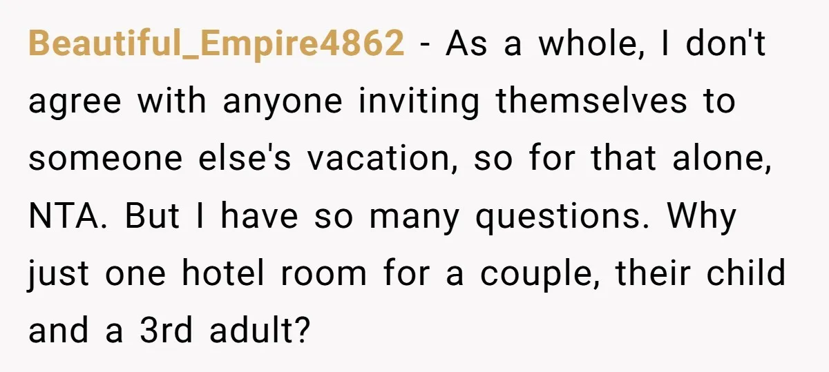 Beautiful_Empire4862 − As a whole, I don't agree with anyone inviting themselves to someone else's vacation, so for that alone, NTA. But I have so many questions. Why just one...