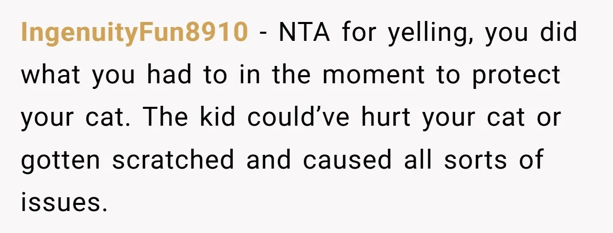 IngenuityFun8910 − NTA for yelling, you did what you had to in the moment to protect your cat. The kid could’ve hurt your cat or gotten scratched and caused all...