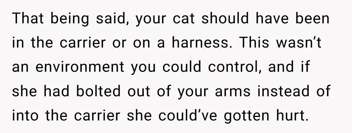 That being said, your cat should have been in the carrier or on a harness. This wasn’t an environment you could control, and if she had bolted out of your...