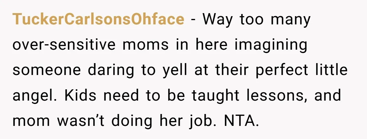 TuckerCarlsonsOhface − Way too many over-sensitive moms in here imagining someone daring to yell at their perfect little angel. Kids need to be taught lessons, and mom wasn’t doing her...