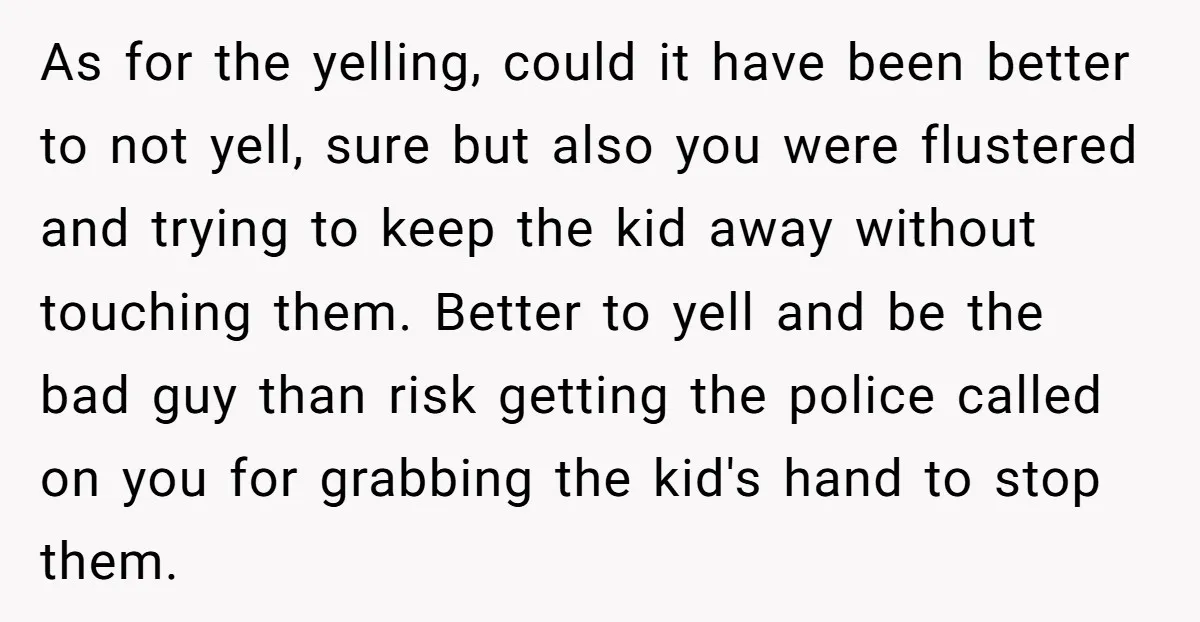 As for the yelling, could it have been better to not yell, sure but also you were flustered and trying to keep the kid away without touching them. Better to...