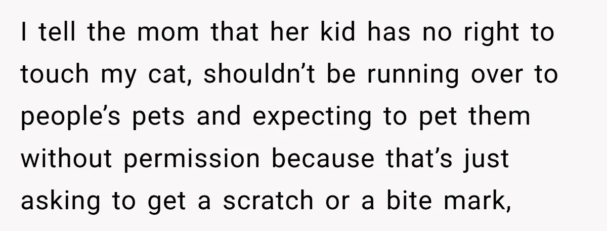 I tell the mom that her kid has no right to touch my cat, shouldn’t be running over to people’s pets and expecting to pet them without permission because that’s...