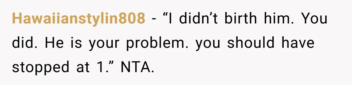 Hawaiianstylin808 − “I didn’t birth him. You did. He is your problem. you should have stopped at 1.” NTA.