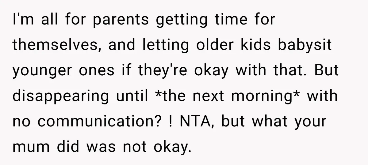 I'm all for parents getting time for themselves, and letting older kids babysit younger ones if they're okay with that. But disappearing until *the next morning* with no communication? !...