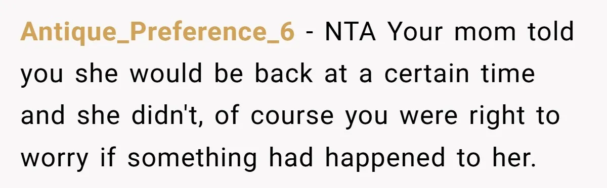 Antique_Preference_6 − NTA Your mom told you she would be back at a certain time and she didn't, of course you were right to worry if something had happened to...