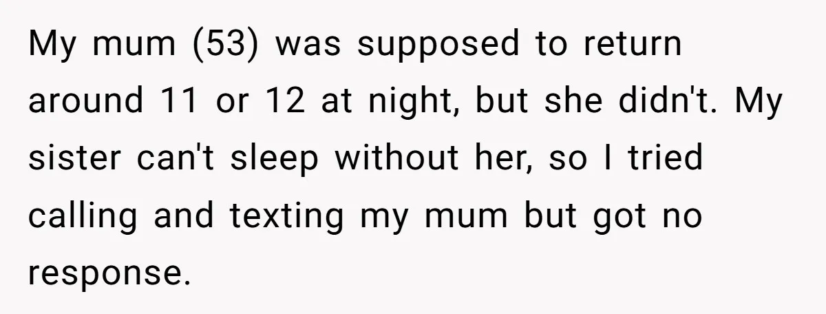 My mum (53) was supposed to return around 11 or 12 at night, but she didn't. My sister can't sleep without her, so I tried calling and texting my mum...