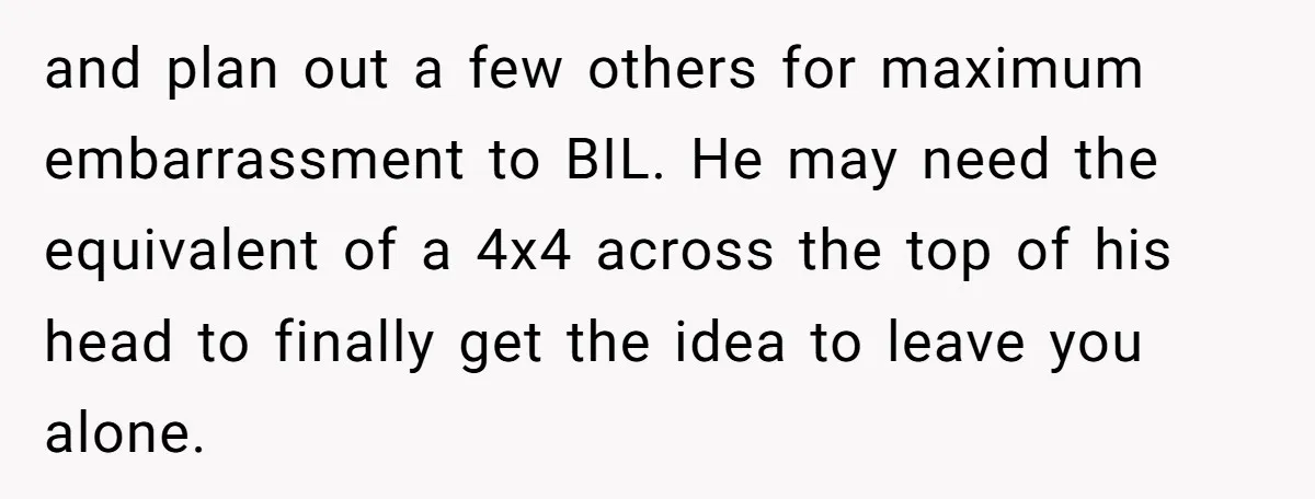 and plan out a few others for maximum embarrassment to BIL. He may need the equivalent of a 4x4 across the top of his head to finally get the idea...