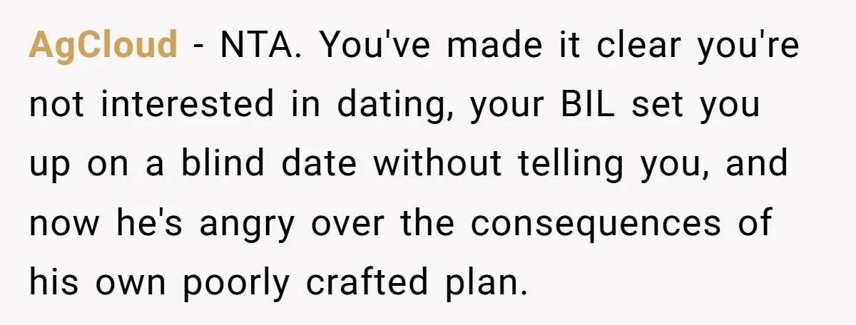 AgCloud − NTA. You've made it clear you're not interested in dating, your BIL set you up on a blind date without telling you, and now he's angry over the...