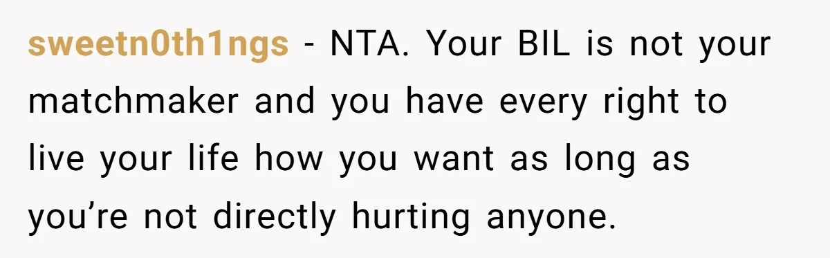 sweetn0th1ngs − NTA. Your BIL is not your matchmaker and you have every right to live your life how you want as long as you’re not directly hurting anyone.