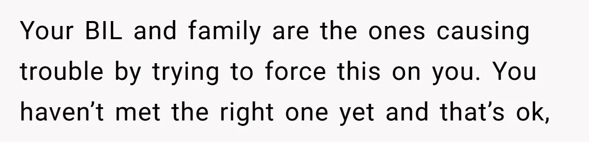 Your BIL and family are the ones causing trouble by trying to force this on you. You haven’t met the right one yet and that’s ok,