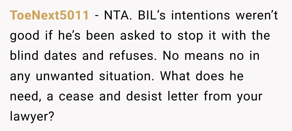 ToeNext5011 − NTA. BIL’s intentions weren’t good if he’s been asked to stop it with the blind dates and refuses. No means no in any unwanted situation. What does he...