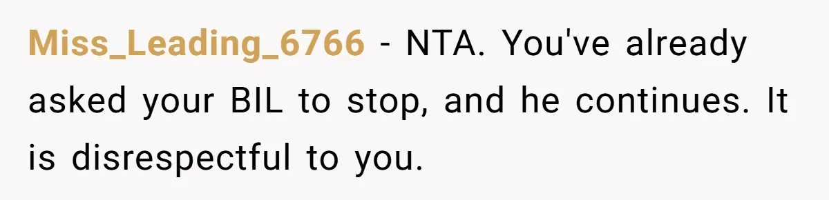 Miss_Leading_6766 − NTA. You've already asked your BIL to stop, and he continues. It is disrespectful to you.