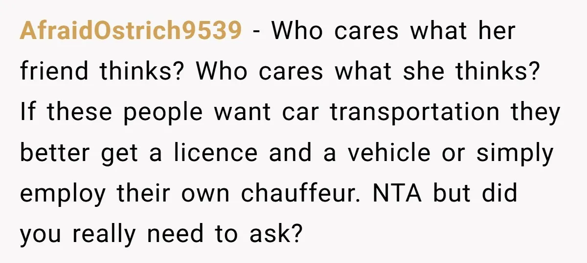 AfraidOstrich9539 − Who cares what her friend thinks? Who cares what she thinks? If these people want car transportation they better get a licence and a vehicle or simply employ...