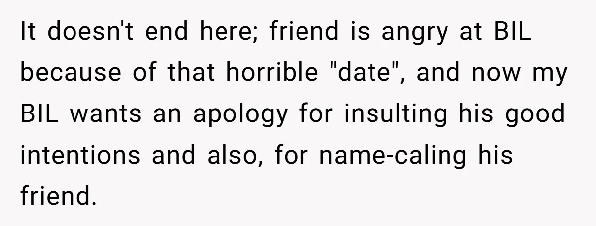It doesn't end here; friend is angry at BIL because of that horrible "date", and now my BIL wants an apology for insulting his good intentions and also, for name-caling...