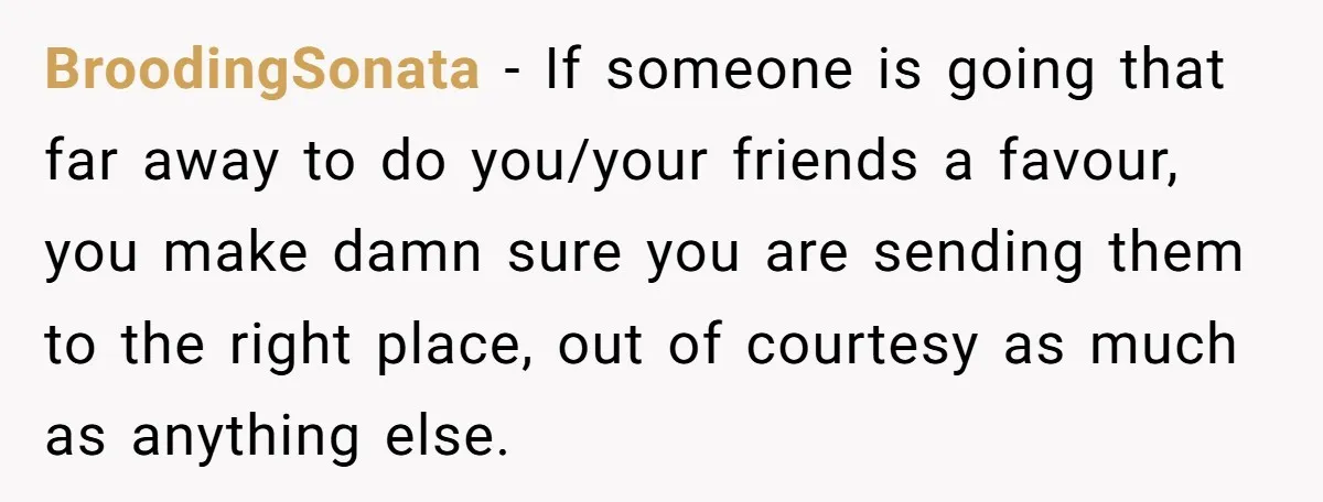 BroodingSonata − If someone is going that far away to do you/your friends a favour, you make damn sure you are sending them to the right place, out of courtesy...