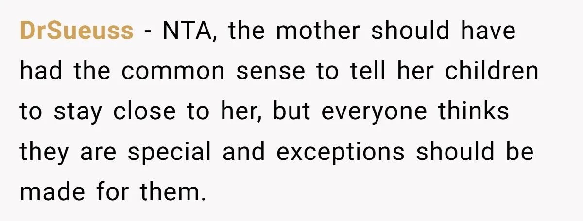 DrSueuss − NTA, the mother should have had the common sense to tell her children to stay close to her, but everyone thinks they are special and exceptions should be...