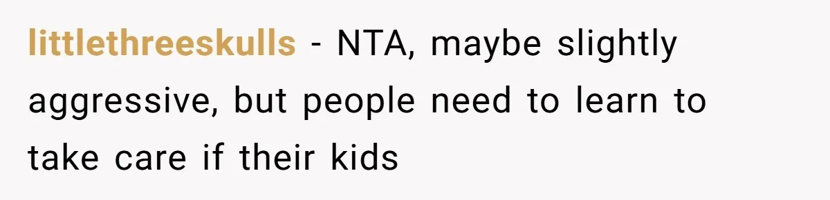 littlethreeskulls − NTA, maybe slightly aggressive, but people need to learn to take care if their kids