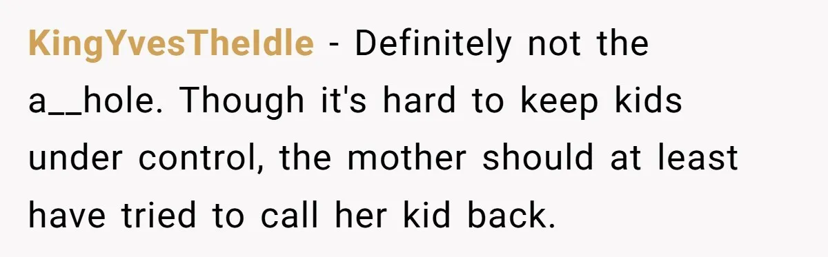 KingYvesTheIdle − Definitely not the a__hole. Though it's hard to keep kids under control, the mother should at least have tried to call her kid back.