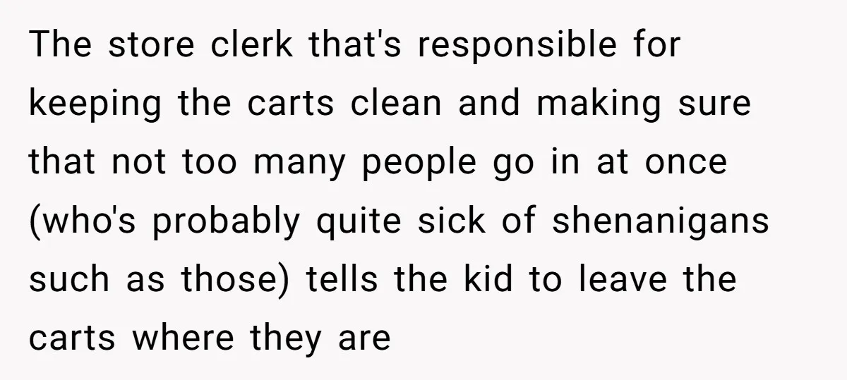 The store clerk that's responsible for keeping the carts clean and making sure that not too many people go in at once (who's probably quite sick of shenanigans such as...