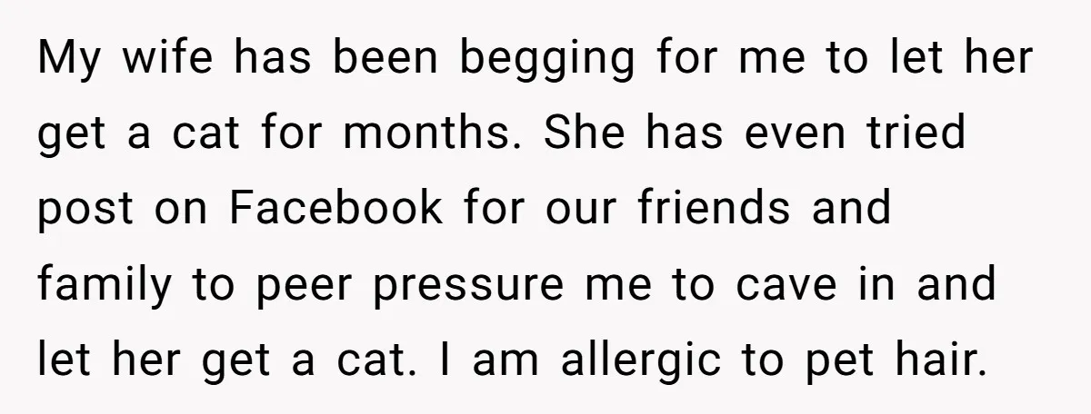 My wife has been begging for me to let her get a cat for months. She has even tried post on Facebook for our friends and family to peer pressure...
