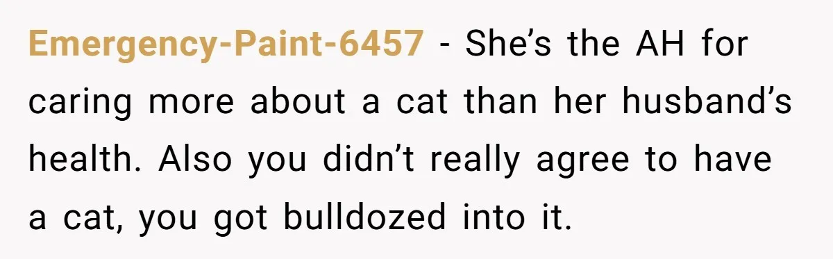 Emergency-Paint-6457 − She’s the AH for caring more about a cat than her husband’s health. Also you didn’t really agree to have a cat, you got bulldozed into it.
