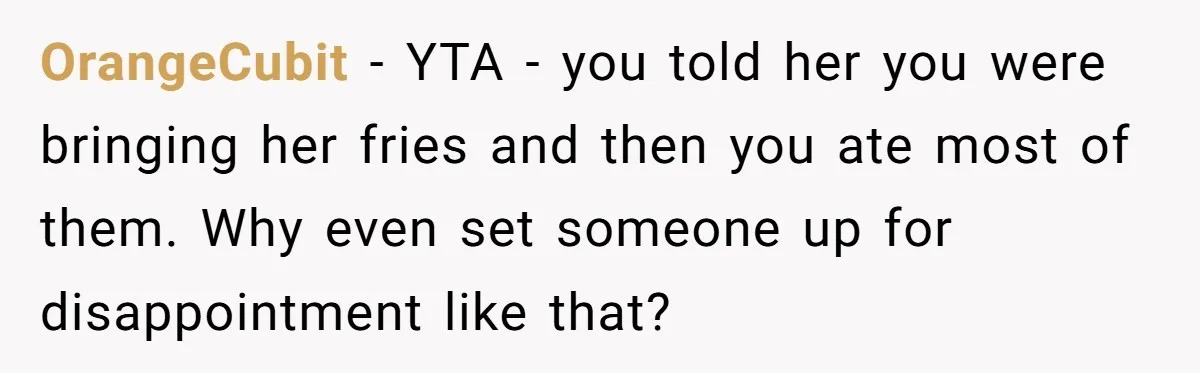 OrangeCubit − YTA - you told her you were bringing her fries and then you ate most of them. Why even set someone up for disappointment like that?