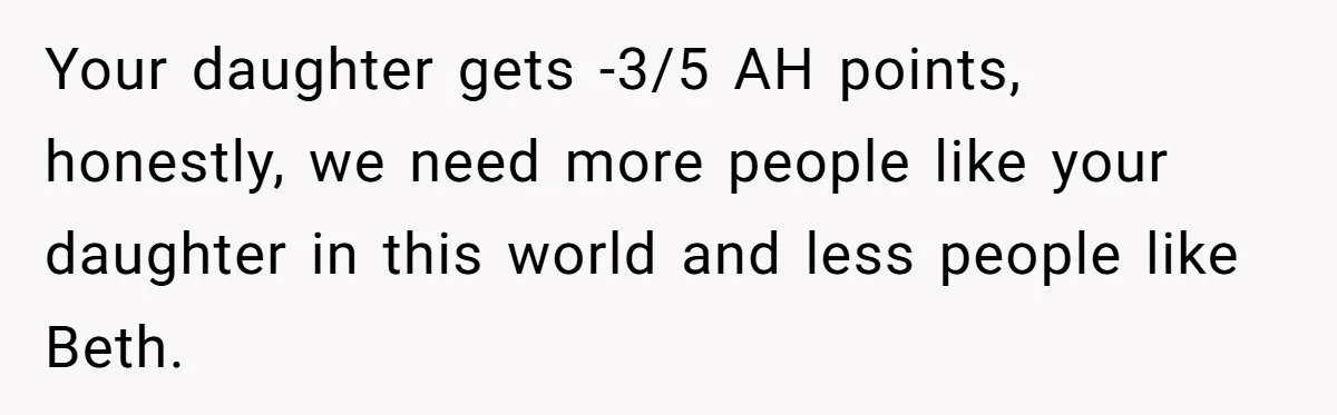Your daughter gets -3/5 AH points, honestly, we need more people like your daughter in this world and less people like Beth.