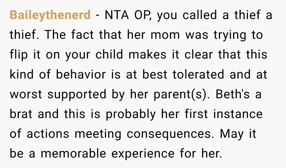 Baileythenerd - NTA OP, you called a thief a thief. The fact that her mom was trying to flip it on your child makes it clear that this kind of...