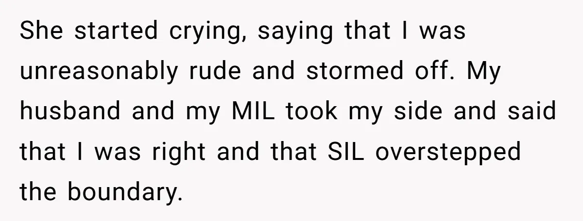 She started crying, saying that I was unreasonably rude and stormed off. My husband and my MIL took my side and said that I was right and that SIL overstepped...