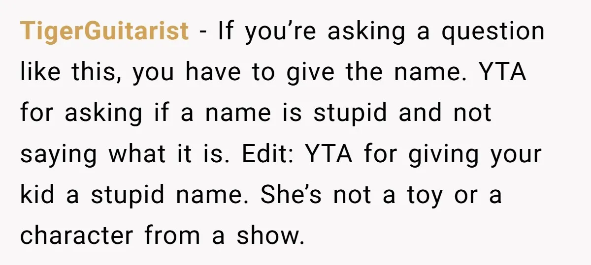 TigerGuitarist − If you’re asking a question like this, you have to give the name. YTA for asking if a name is stupid and not saying what it is. Edit:...