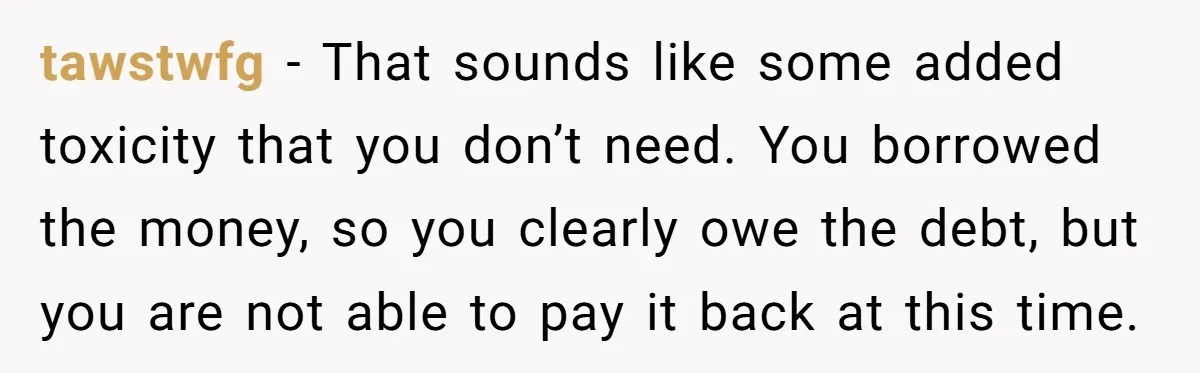 tawstwfg − That sounds like some added toxicity that you don’t need. You borrowed the money, so you clearly owe the debt, but you are not able to pay it...