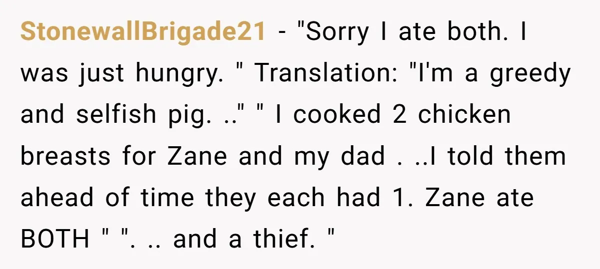 StonewallBrigade21 − "Sorry I ate both. I was just hungry. " Translation: "I'm a greedy and selfish pig. .." " I cooked 2 chicken breasts for Zane and my dad...