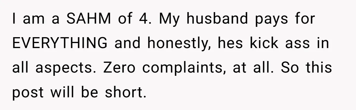 I am a SAHM of 4. My husband pays for EVERYTHING and honestly, hes kick ass in all aspects. Zero complaints, at all. So this post will be short.