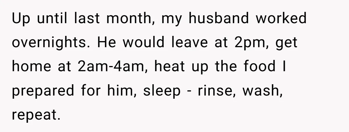 Up until last month, my husband worked overnights. He would leave at 2pm, get home at 2am-4am, heat up the food I prepared for him, sleep - rinse, wash, repeat.