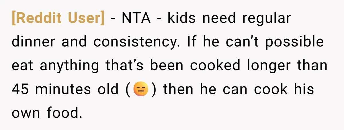 [Reddit User] − NTA - kids need regular dinner and consistency. If he can’t possible eat anything that’s been cooked longer than 45 minutes old (😑) then he can cook...