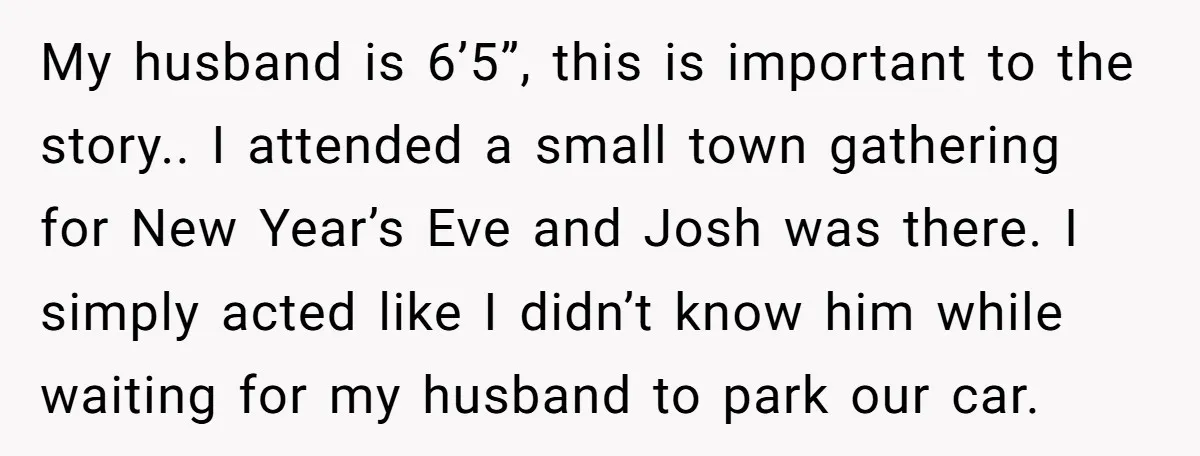 My husband is 6’5”, this is important to the story.. I attended a small town gathering for New Year’s Eve and Josh was there. I simply acted like I didn’t...