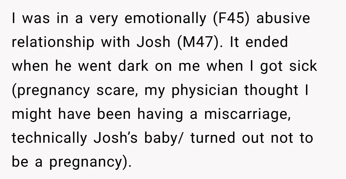 I was in a very emotionally (F45) abusive relationship with Josh (M47). It ended when he went dark on me when I got sick (pregnancy scare, my physician thought I...