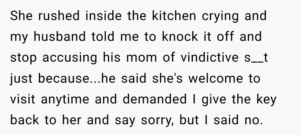 She rushed inside the kitchen crying and my husband told me to knock it off and stop accusing his mom of vindictive s__t just because...he said she's welcome to visit...