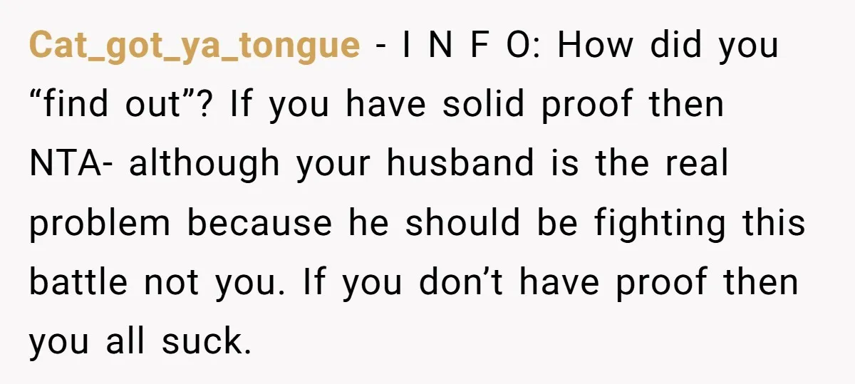 Cat_got_ya_tongue − I N F O: How did you “find out”? If you have solid proof then NTA- although your husband is the real problem because he should be fighting...