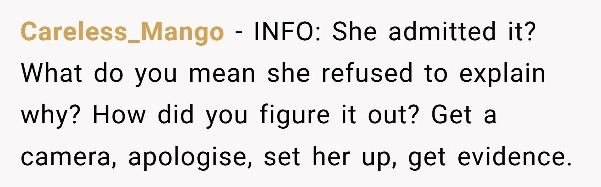 Careless_Mango − INFO: She admitted it? What do you mean she refused to explain why? How did you figure it out? Get a camera, apologise, set her up, get evidence.