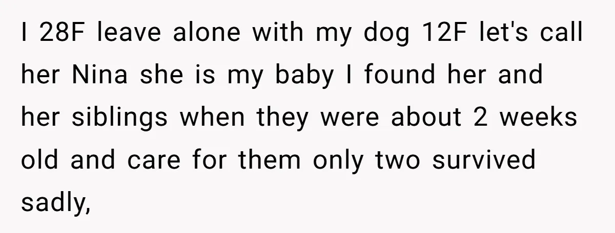 I 28F leave alone with my dog 12F let's call her Nina she is my baby I found her and her siblings when they were about 2 weeks old and...