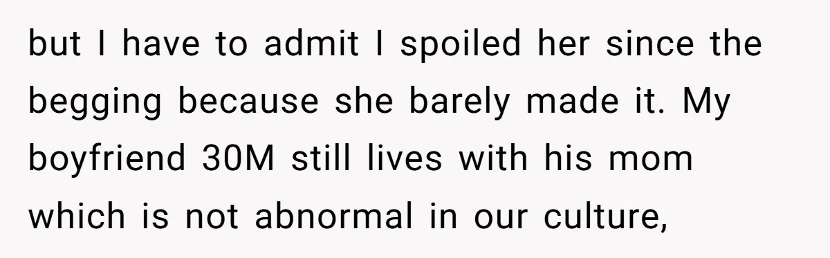but I have to admit I spoiled her since the begging because she barely made it. My boyfriend 30M still lives with his mom which is not abnormal in our...