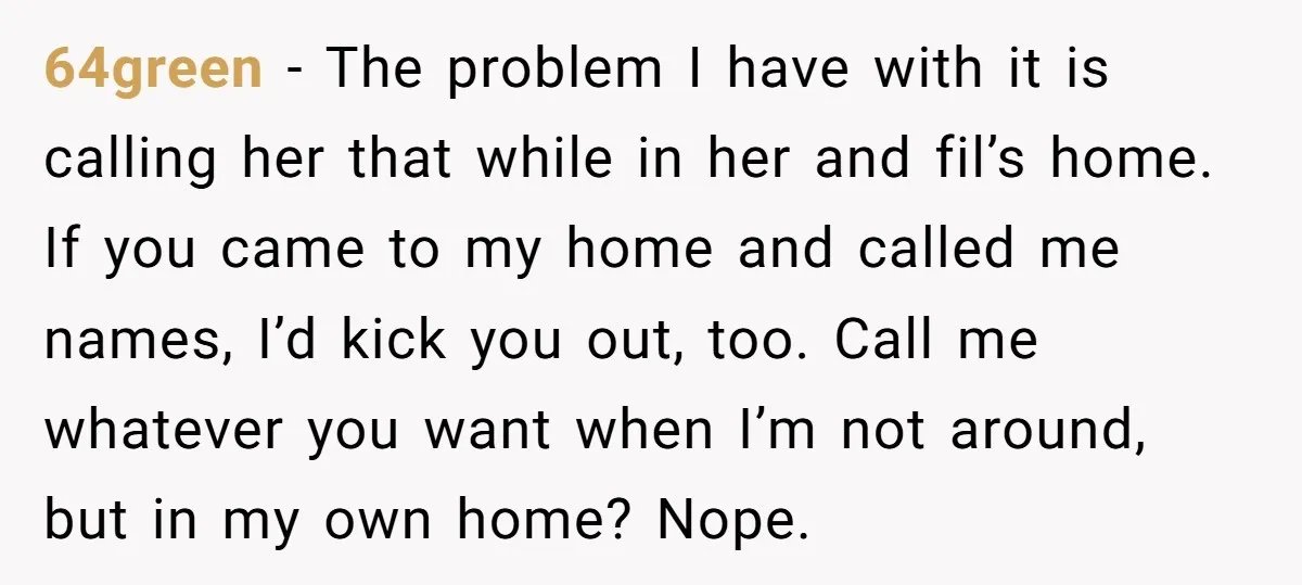 64green − The problem I have with it is calling her that while in her and fil’s home. If you came to my home and called me names, I’d kick...