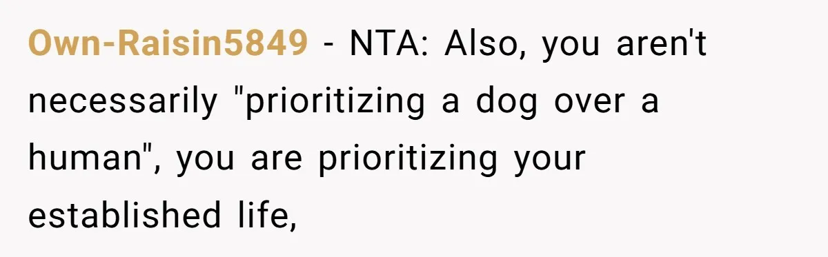 Own-Raisin5849 − NTA: Also, you aren't necessarily "prioritizing a dog over a human", you are prioritizing your established life,