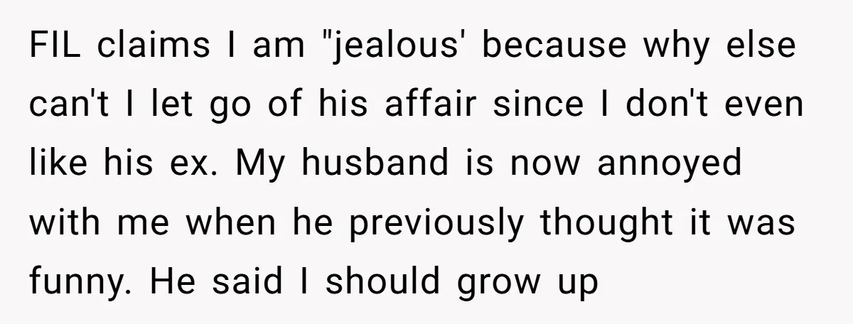 FIL claims I am "jealous' because why else can't I let go of his affair since I don't even like his ex. My husband is now annoyed with me when...