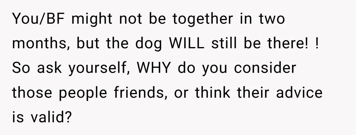You/BF might not be together in two months, but the dog WILL still be there! ! So ask yourself, WHY do you consider those people friends, or think their advice...