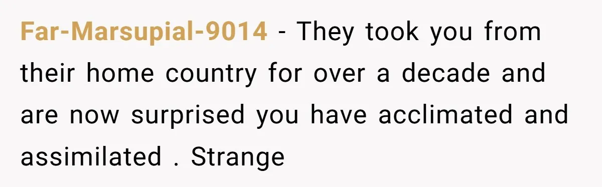 Far-Marsupial-9014 − They took you from their home country for over a decade and are now surprised you have acclimated and assimilated . Strange