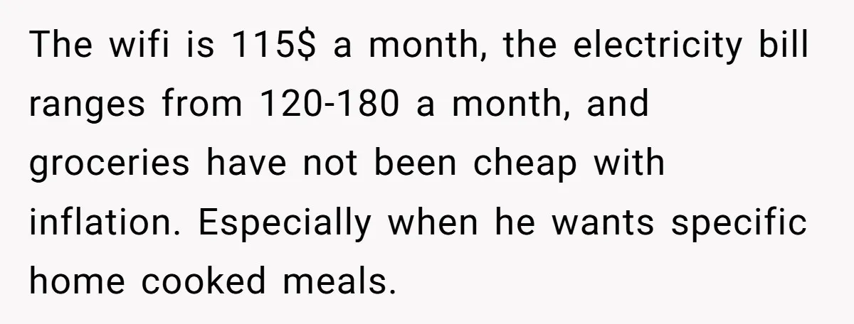 The wifi is 115$ a month, the electricity bill ranges from 120-180 a month, and groceries have not been cheap with inflation. Especially when he wants specific home cooked meals.